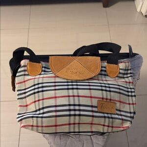 Plaid Canvas Tote Bag with Tan Leather Trim